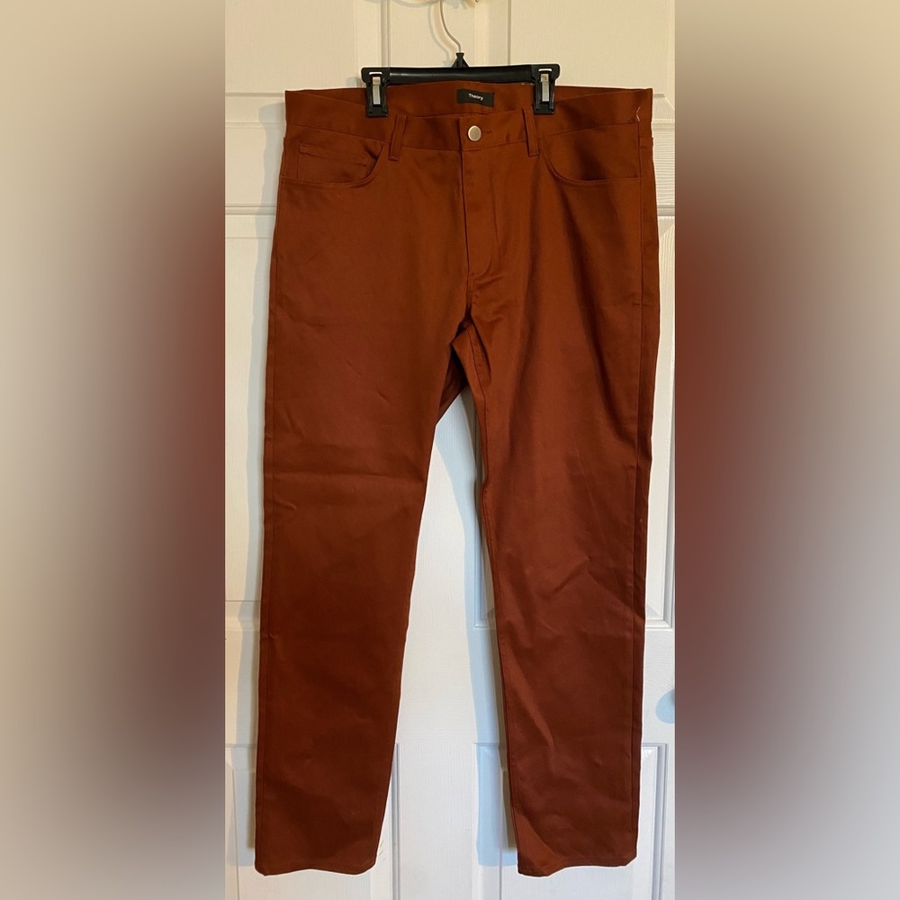 Theory Tech Raffi Compact Straight Slim Fit Ponte Pants in Burnt Orange - Picture 7 of 9
